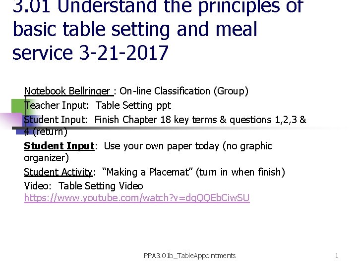 3. 01 Understand the principles of basic table setting and meal service 3 -21