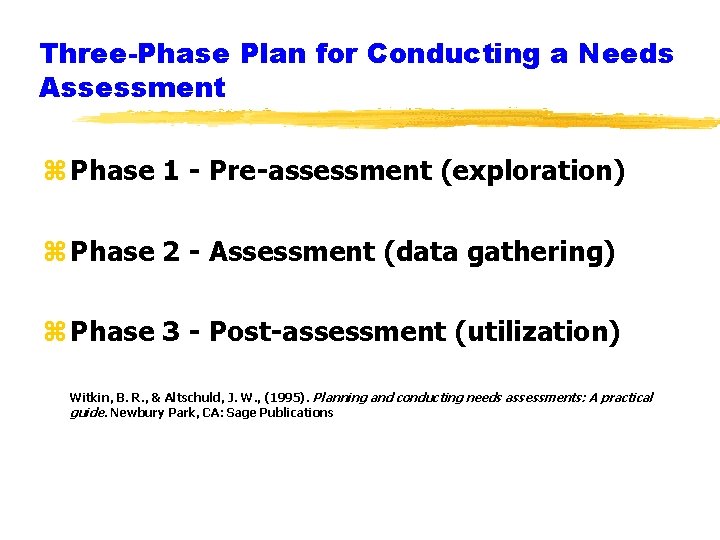 Three-Phase Plan for Conducting a Needs Assessment z Phase 1 - Pre-assessment (exploration) z