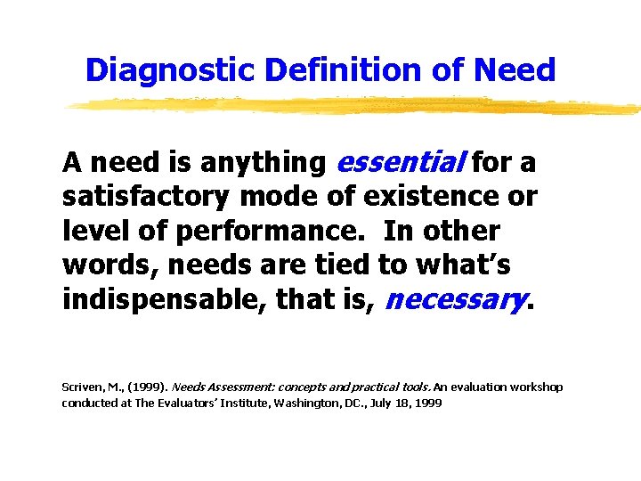 Diagnostic Definition of Need A need is anything essential for a satisfactory mode of