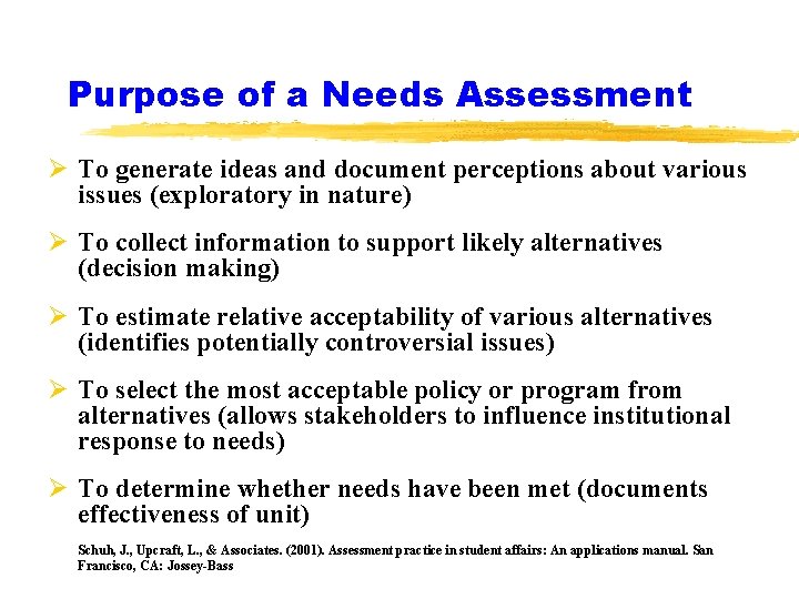 Purpose of a Needs Assessment Ø To generate ideas and document perceptions about various