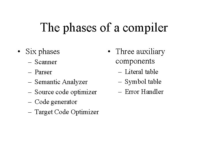 The phases of a compiler • Six phases – – – Scanner Parser Semantic