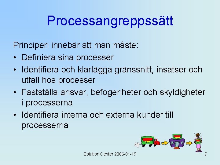 Processangreppssätt Principen innebär att man måste: • Definiera sina processer • Identifiera och klarlägga