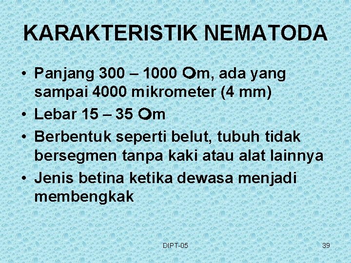 KARAKTERISTIK NEMATODA • Panjang 300 – 1000 mm, ada yang sampai 4000 mikrometer (4