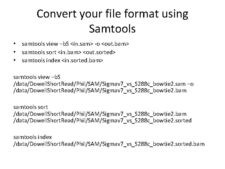 Convert your file format using Samtools • samtools view –b. S <in. sam> -o