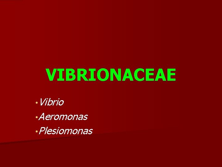VIBRIONACEAE • Vibrio • Aeromonas • Plesiomonas 