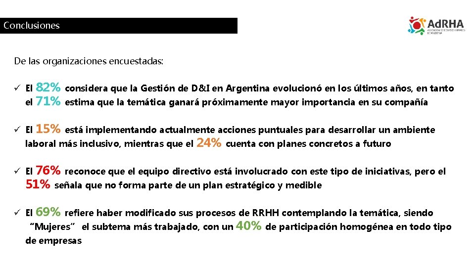Conclusiones De las organizaciones encuestadas: ü El 82% considera que la Gestión de D&I