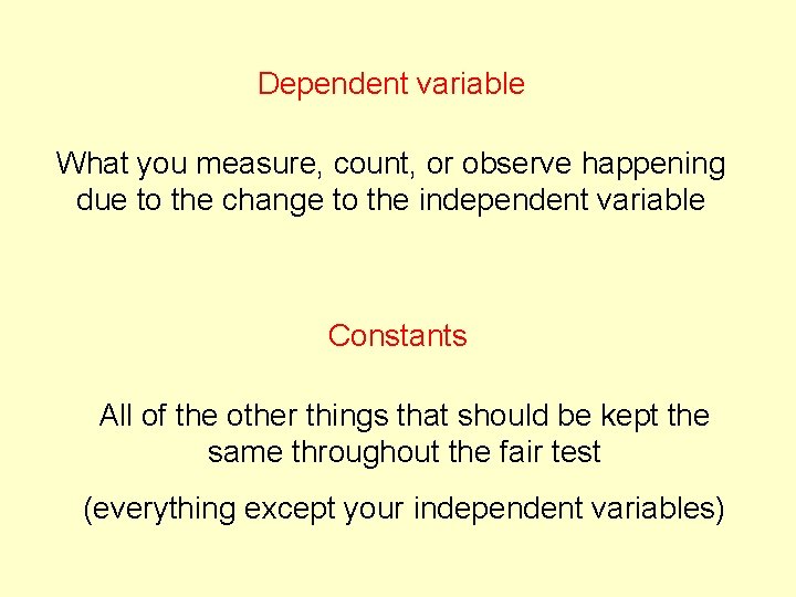 Dependent variable What you measure, count, or observe happening due to the change to