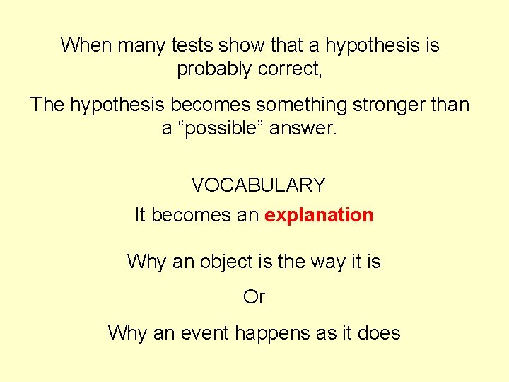 When many tests show that a hypothesis is probably correct, The hypothesis becomes something