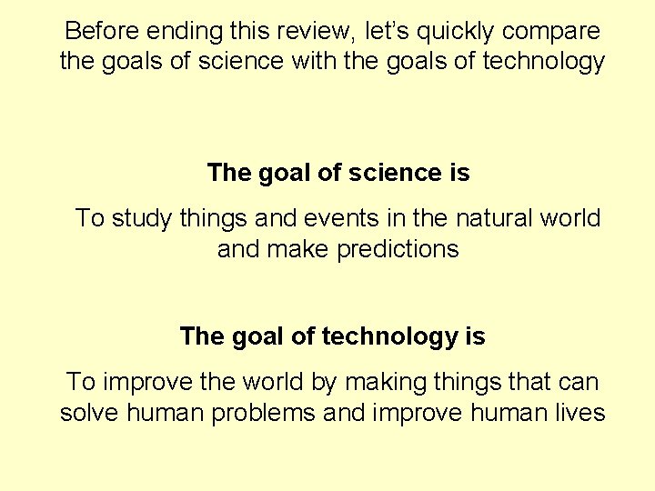 Before ending this review, let’s quickly compare the goals of science with the goals