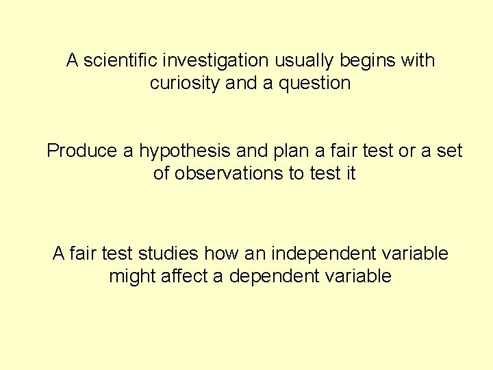 A scientific investigation usually begins with curiosity and a question Produce a hypothesis and