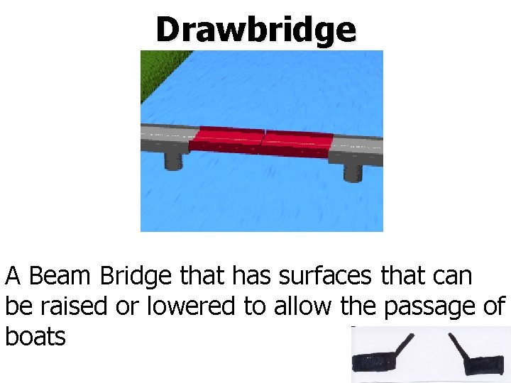 Drawbridge A Beam Bridge that has surfaces that can be raised or lowered to