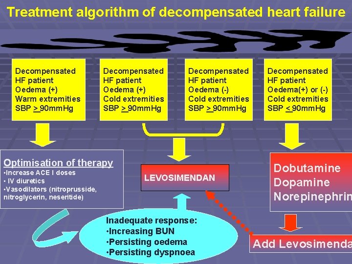 Treatment algorithm of decompensated heart failure Decompensated HF patient Oedema (+) Warm extremities SBP