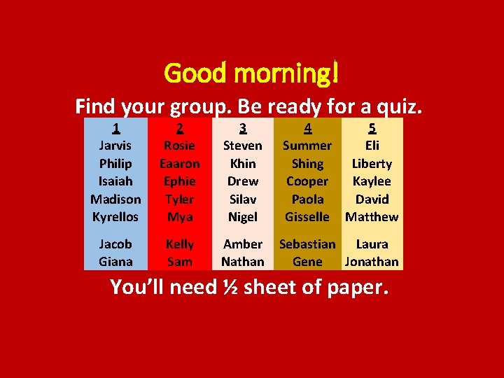 Good morning! Find your group. Be ready for a quiz. 1 2 Jarvis Rosie