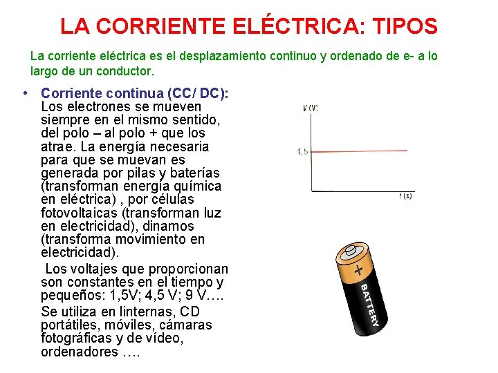 LA CORRIENTE ELÉCTRICA: TIPOS La corriente eléctrica es el desplazamiento continuo y ordenado de