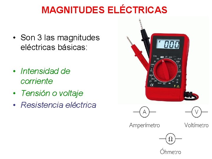 MAGNITUDES ELÉCTRICAS • Son 3 las magnitudes eléctricas básicas: • Intensidad de corriente •