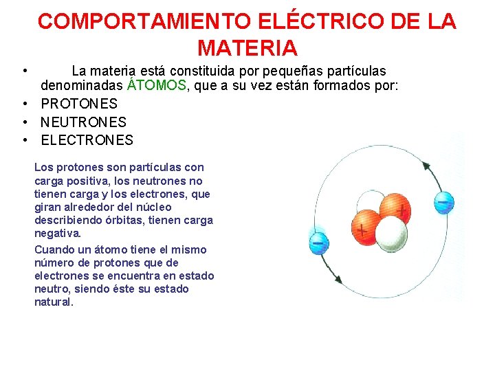 COMPORTAMIENTO ELÉCTRICO DE LA MATERIA • La materia está constituida por pequeñas partículas denominadas