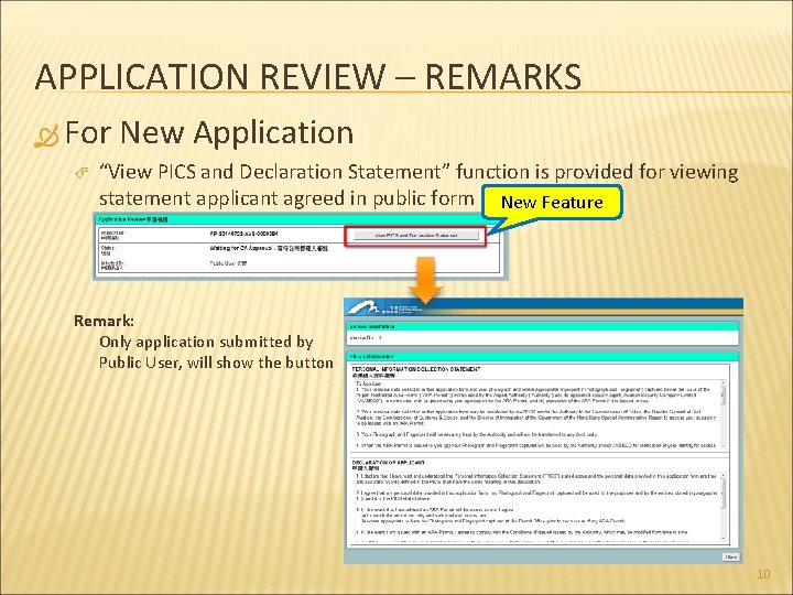 APPLICATION REVIEW – REMARKS For New Application “View PICS and Declaration Statement” function is