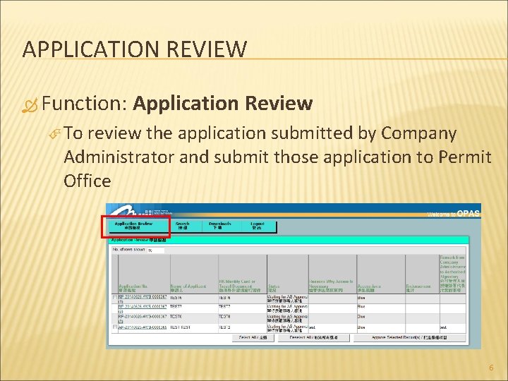 APPLICATION REVIEW Function: Application Review To review the application submitted by Company Administrator and