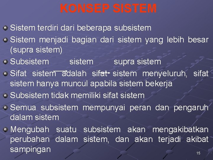 KONSEP SISTEM Sistem terdiri dari beberapa subsistem Sistem menjadi bagian dari sistem yang lebih KONSEP SISTEM Sistem terdiri dari beberapa subsistem Sistem menjadi bagian dari sistem yang lebih