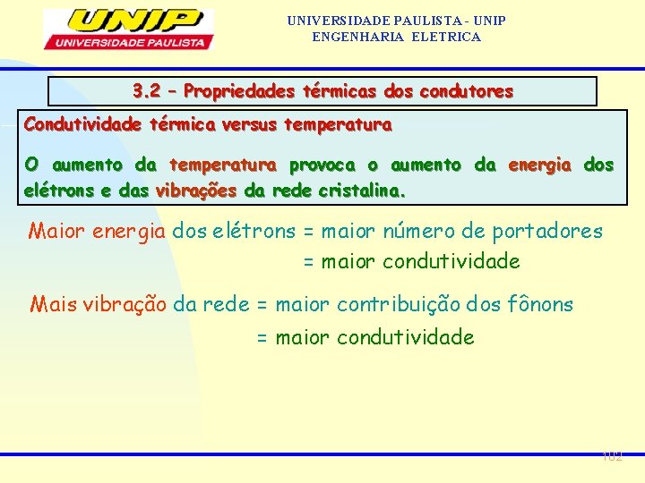 UNIVERSIDADE PAULISTA - UNIP ENGENHARIA ELETRICA 3. 2 – Propriedades térmicas dos condutores Condutividade