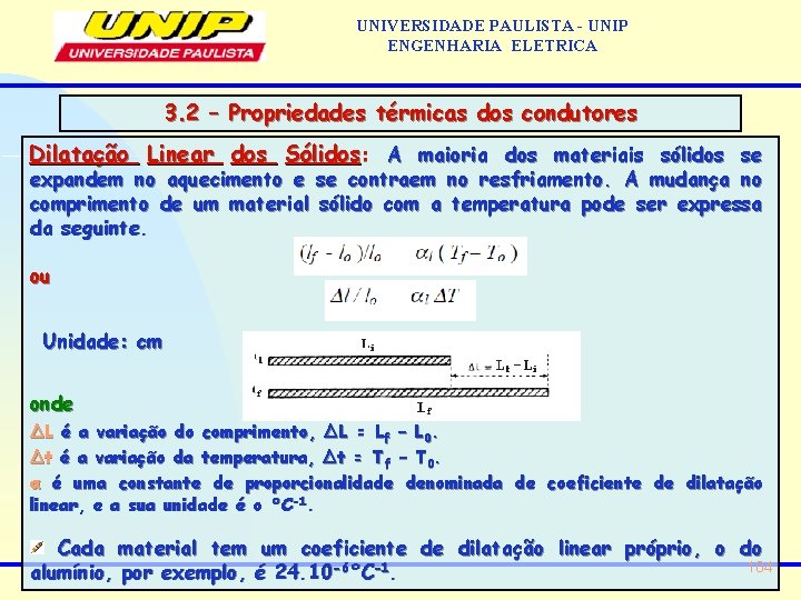 UNIVERSIDADE PAULISTA - UNIP ENGENHARIA ELETRICA 3. 2 – Propriedades térmicas dos condutores Dilatação