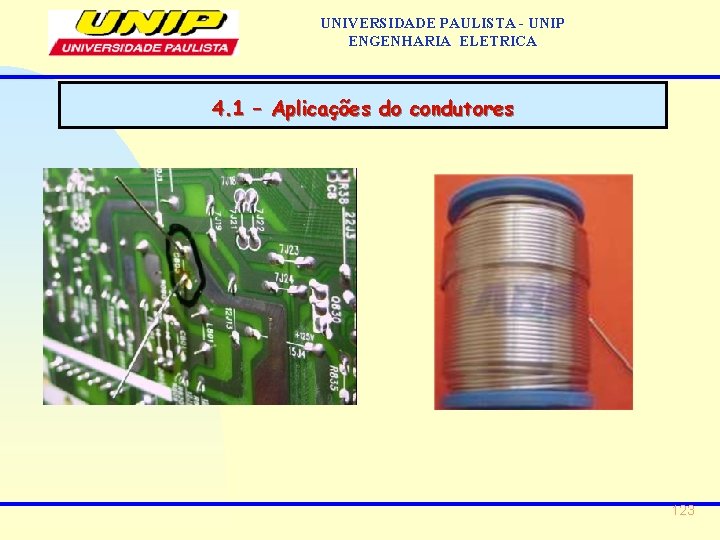 UNIVERSIDADE PAULISTA - UNIP ENGENHARIA ELETRICA 4. 1 – Aplicações do condutores 123 UNIVERSIDADE PAULISTA - UNIP ENGENHARIA ELETRICA 4. 1 – Aplicações do condutores 123