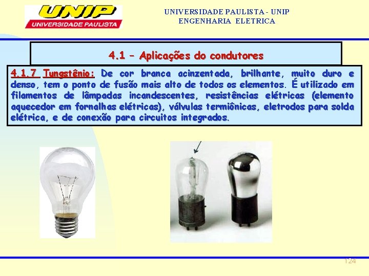 UNIVERSIDADE PAULISTA - UNIP ENGENHARIA ELETRICA 4. 1 – Aplicações do condutores 4. 1. UNIVERSIDADE PAULISTA - UNIP ENGENHARIA ELETRICA 4. 1 – Aplicações do condutores 4. 1.