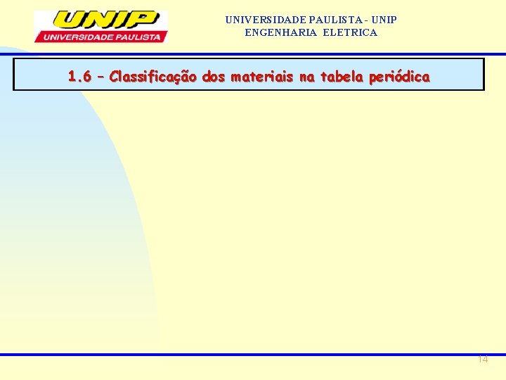 UNIVERSIDADE PAULISTA - UNIP ENGENHARIA ELETRICA 1. 6 – Classificação dos materiais na tabela