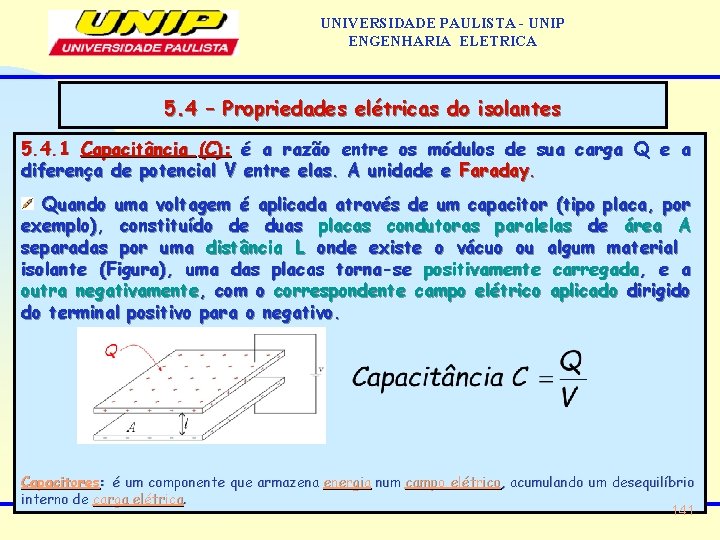 UNIVERSIDADE PAULISTA - UNIP ENGENHARIA ELETRICA 5. 4 – Propriedades elétricas do isolantes 5.