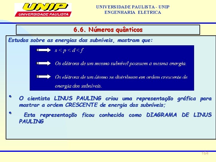 UNIVERSIDADE PAULISTA - UNIP ENGENHARIA ELETRICA 6. 6. Números quânticos Estudos sobre as energias
