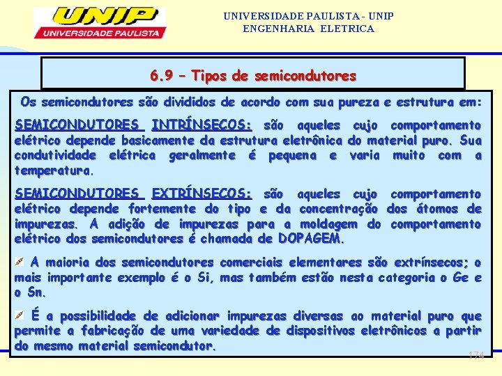 UNIVERSIDADE PAULISTA - UNIP ENGENHARIA ELETRICA 6. 9 – Tipos de semicondutores Os semicondutores UNIVERSIDADE PAULISTA - UNIP ENGENHARIA ELETRICA 6. 9 – Tipos de semicondutores Os semicondutores