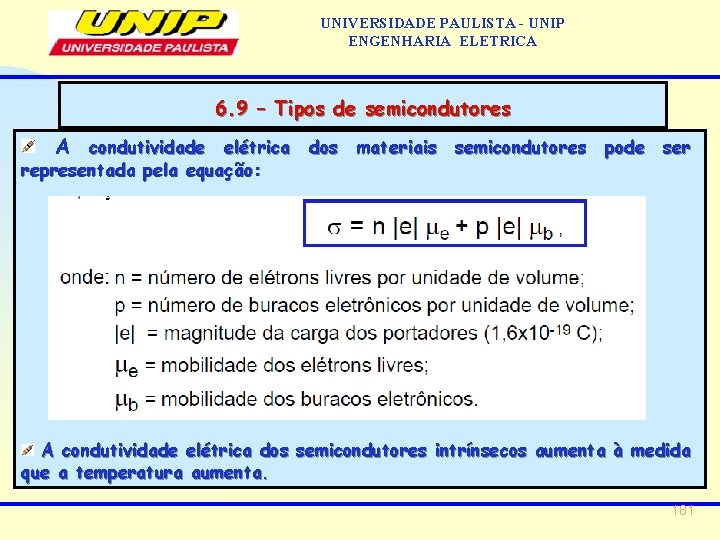 UNIVERSIDADE PAULISTA - UNIP ENGENHARIA ELETRICA 6. 9 – Tipos de semicondutores A condutividade