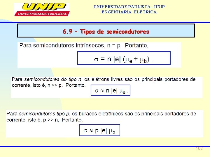 UNIVERSIDADE PAULISTA - UNIP ENGENHARIA ELETRICA 6. 9 – Tipos de semicondutores 182 UNIVERSIDADE PAULISTA - UNIP ENGENHARIA ELETRICA 6. 9 – Tipos de semicondutores 182