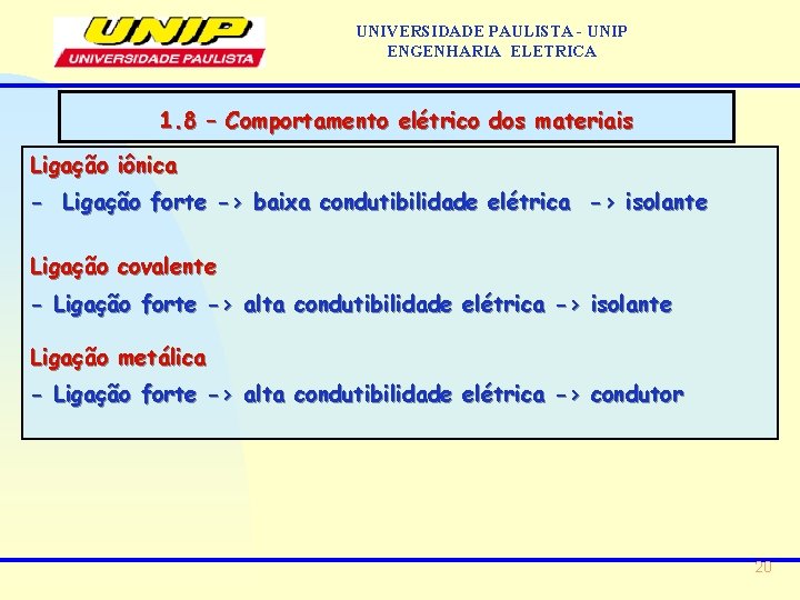 UNIVERSIDADE PAULISTA - UNIP ENGENHARIA ELETRICA 1. 8 – Comportamento elétrico dos materiais Ligação