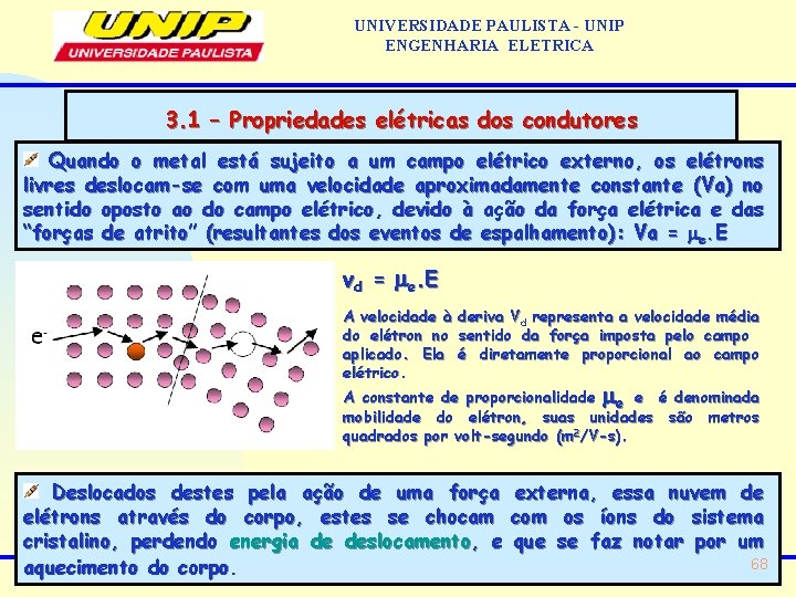 UNIVERSIDADE PAULISTA - UNIP ENGENHARIA ELETRICA 3. 1 – Propriedades elétricas dos condutores Quando