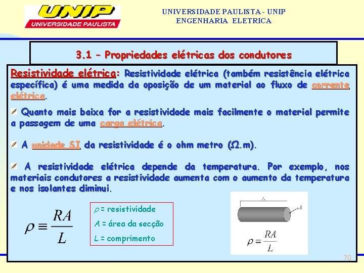 UNIVERSIDADE PAULISTA - UNIP ENGENHARIA ELETRICA 3. 1 – Propriedades elétricas dos condutores Resistividade