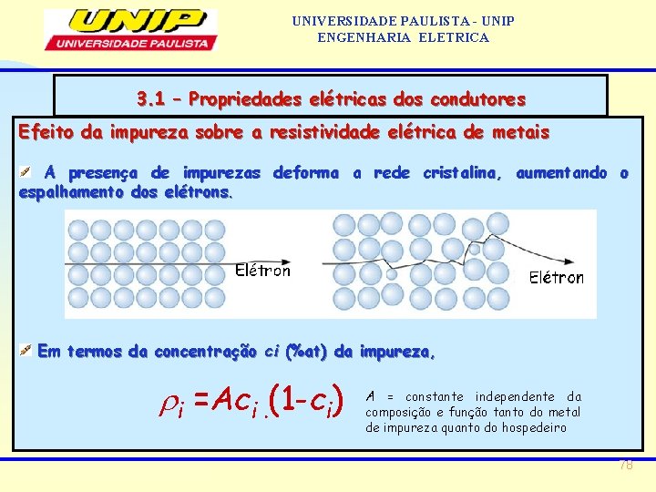 UNIVERSIDADE PAULISTA - UNIP ENGENHARIA ELETRICA 3. 1 – Propriedades elétricas dos condutores Efeito