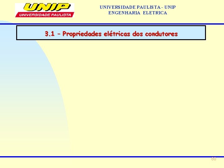 UNIVERSIDADE PAULISTA - UNIP ENGENHARIA ELETRICA 3. 1 – Propriedades elétricas dos condutores 80 UNIVERSIDADE PAULISTA - UNIP ENGENHARIA ELETRICA 3. 1 – Propriedades elétricas dos condutores 80