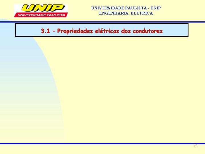 UNIVERSIDADE PAULISTA - UNIP ENGENHARIA ELETRICA 3. 1 – Propriedades elétricas dos condutores 81