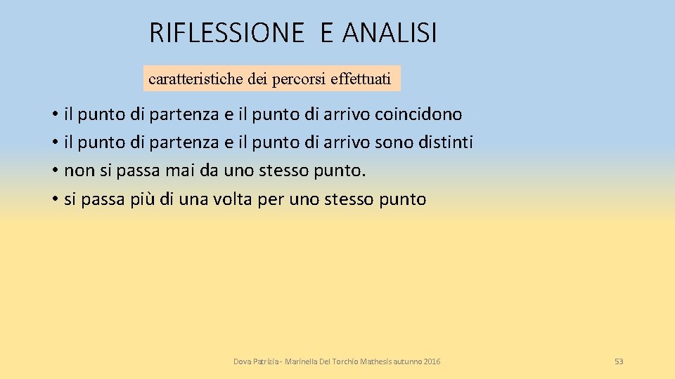 RIFLESSIONE E ANALISI caratteristiche dei percorsi effettuati • il punto di partenza e il