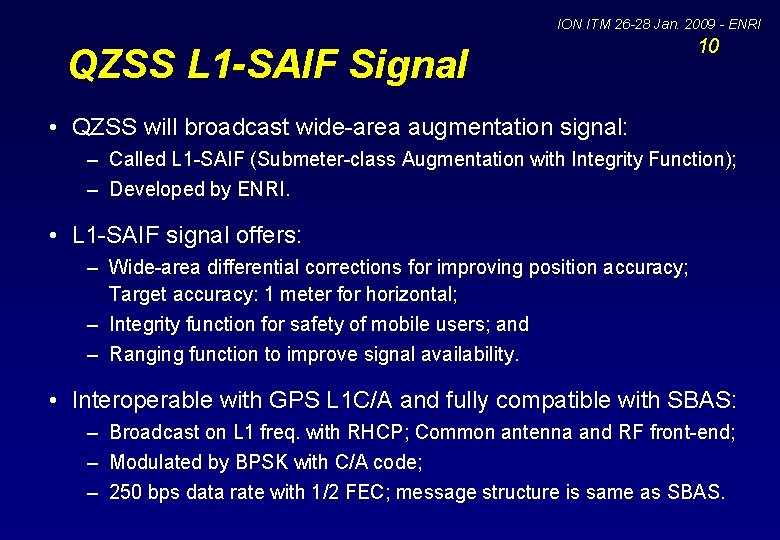 ION ITM 26 -28 Jan. 2009 - ENRI QZSS L 1 -SAIF Signal 10
