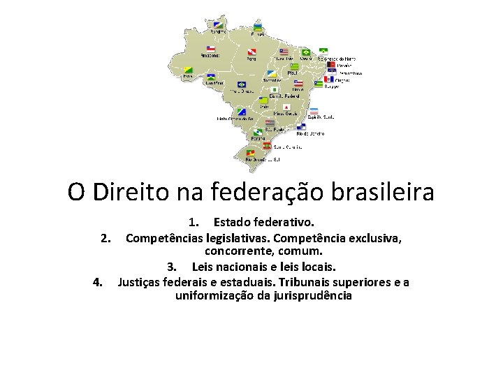 O Direito na federação brasileira 1. Estado federativo. 2. Competências legislativas. Competência exclusiva, concorrente,