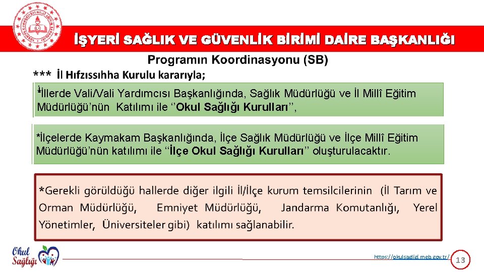 İŞYERİ SAĞLIK VE GÜVENLİK BİRİMİ DAİRE BAŞKANLIĞI İ *İllerde Vali/Vali Yardımcısı Başkanlığında, Sağlık Müdürlüğü