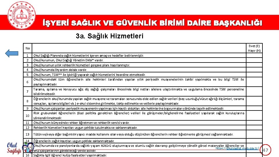 İŞYERİ SAĞLIK VE GÜVENLİK BİRİMİ DAİRE BAŞKANLIĞI 3 a. Sağlık Hizmetleri Evet (E) Hayır