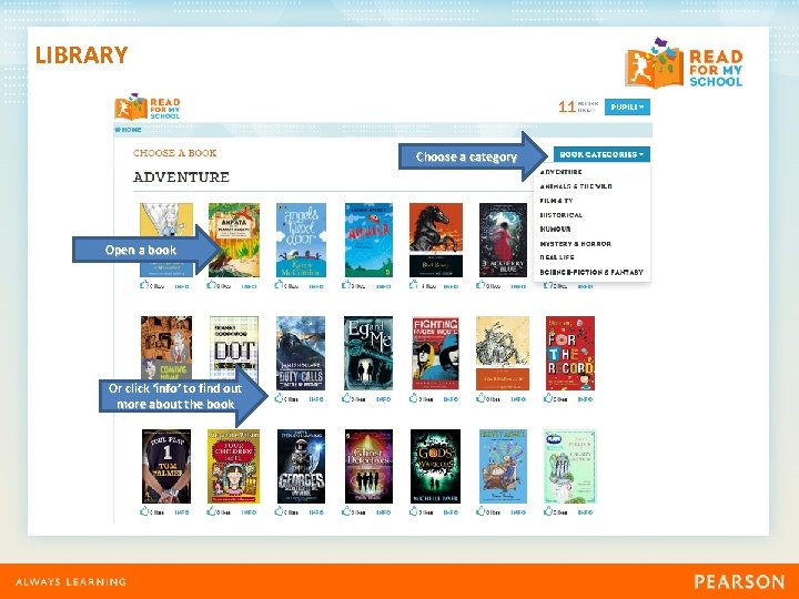 LIBRARY Choose a category Open a book Or click ‘info’ to find out more