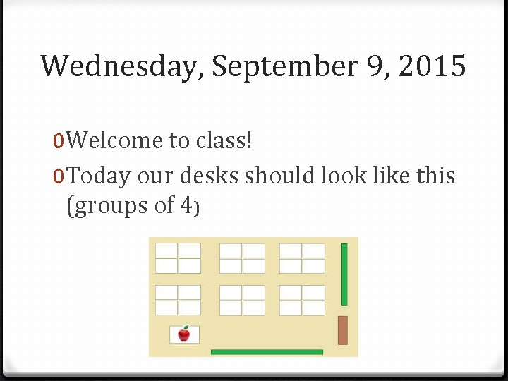 Wednesday, September 9, 2015 0 Welcome to class! 0 Today our desks should look