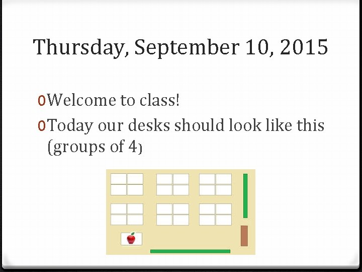 Thursday, September 10, 2015 0 Welcome to class! 0 Today our desks should look
