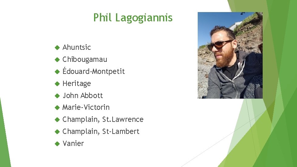 Phil Lagogiannis Ahuntsic Chibougamau Édouard-Montpetit Heritage John Abbott Marie-Victorin Champlain, St. Lawrence Champlain, St-Lambert