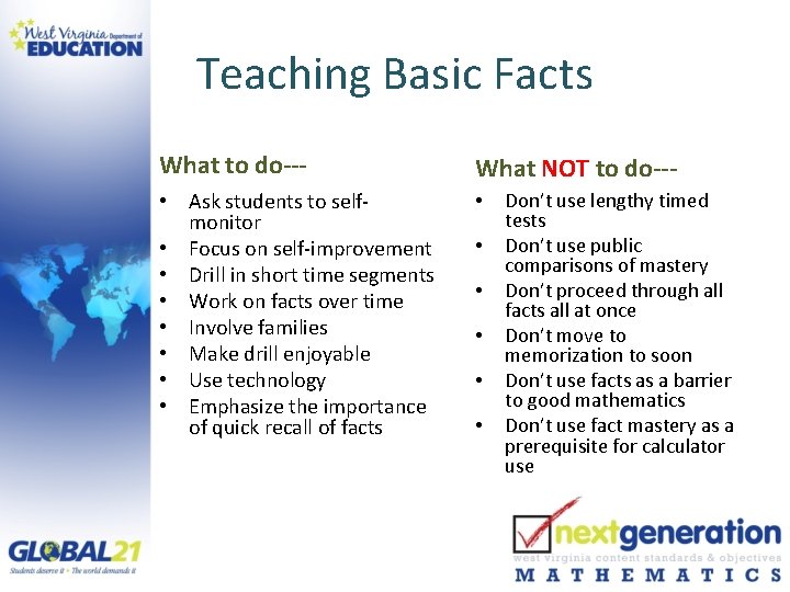 Teaching Basic Facts What to do--- What NOT to do--- • Ask students to