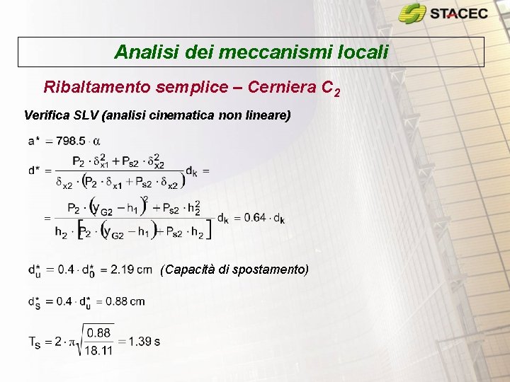 Analisi dei meccanismi locali Ribaltamento semplice – Cerniera C 2 Verifica SLV (analisi cinematica